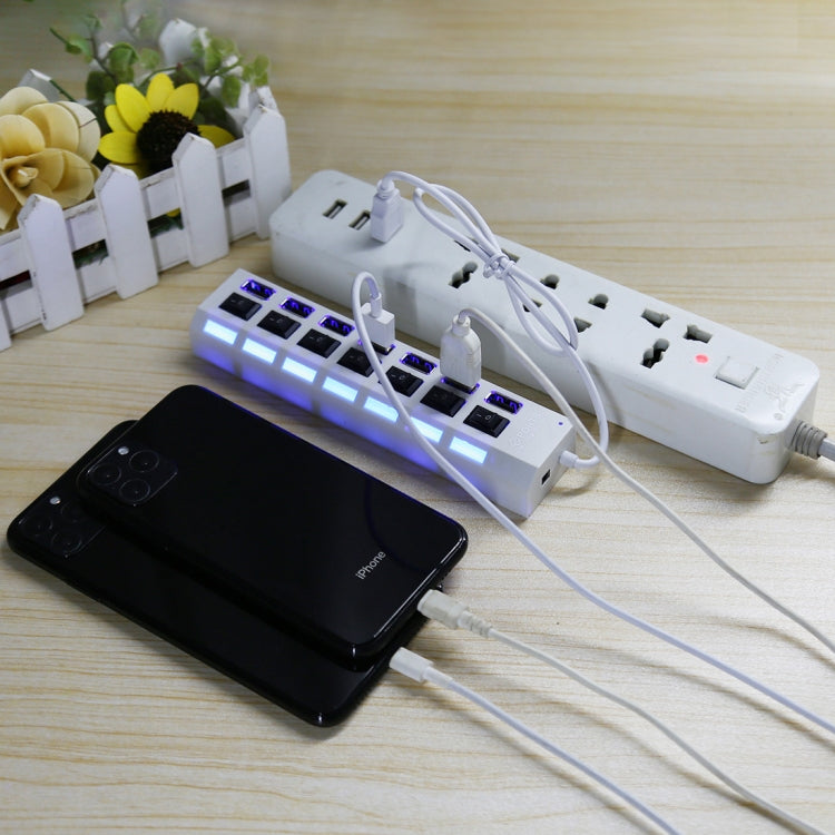 7 Ports USB Hub 2.0 USB Splitter High Speed 480Mbps with ON/OFF Switch / 7 LEDs