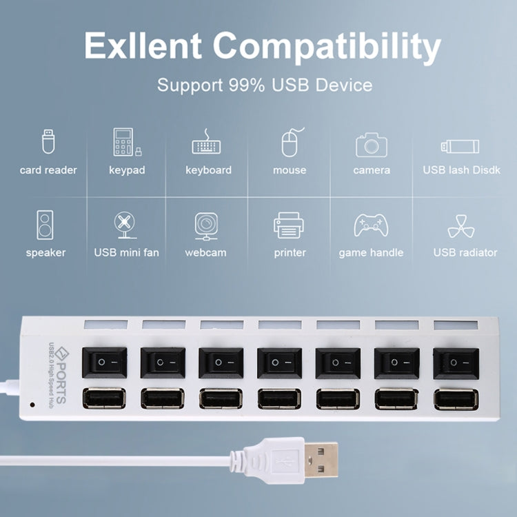 7 Ports USB Hub 2.0 USB Splitter High Speed 480Mbps with ON/OFF Switch / 7 LEDs