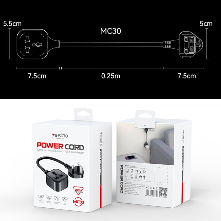 Yesido MC30 UK Plug to Universal Power Plug Extension Cable, Length: 0.25m Reluova