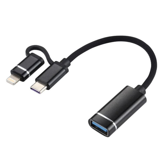 USB 3.0 Female to 8 Pin + USB-C / Type-C Male Charging + Transmission OTG Nylon Braided Adapter Cable, Cable Length: 11cm