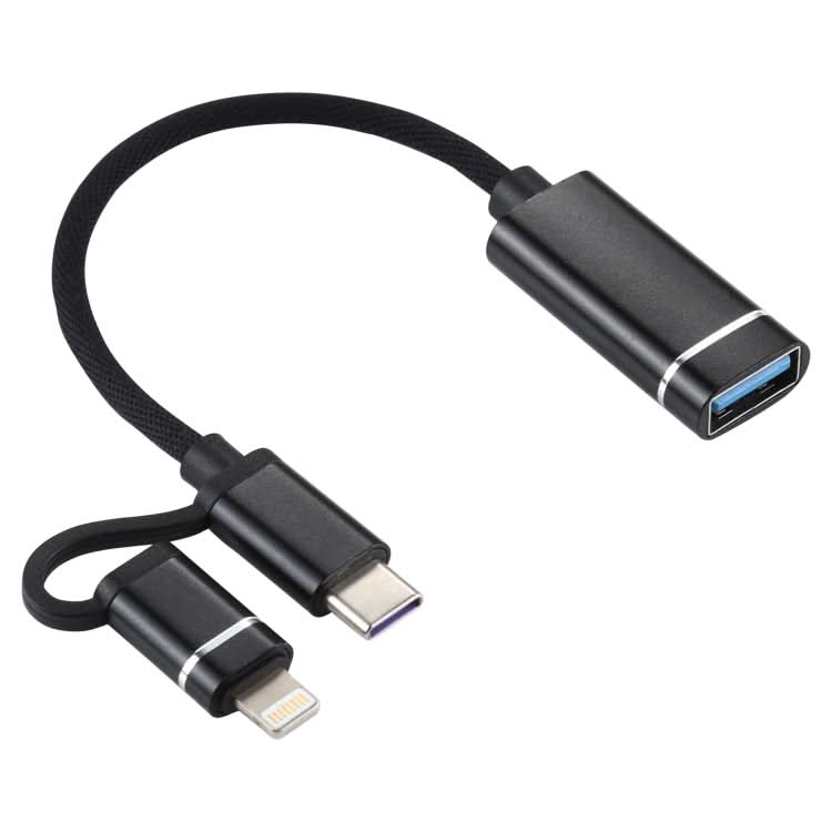 USB 3.0 Female to 8 Pin + USB-C / Type-C Male Charging + Transmission OTG Nylon Braided Adapter Cable, Cable Length: 11cm