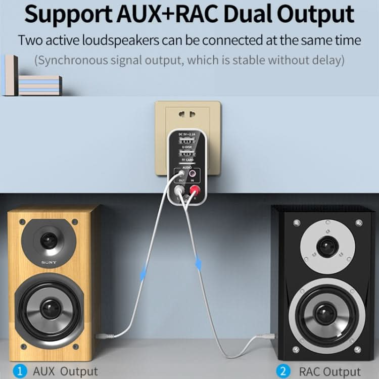 K16 2 in 1 3.5mm AUX + RAC Dual Output Plug-in Bluetooth 5.0 Audio Transmitter Receiver with Remote Control, US Plug