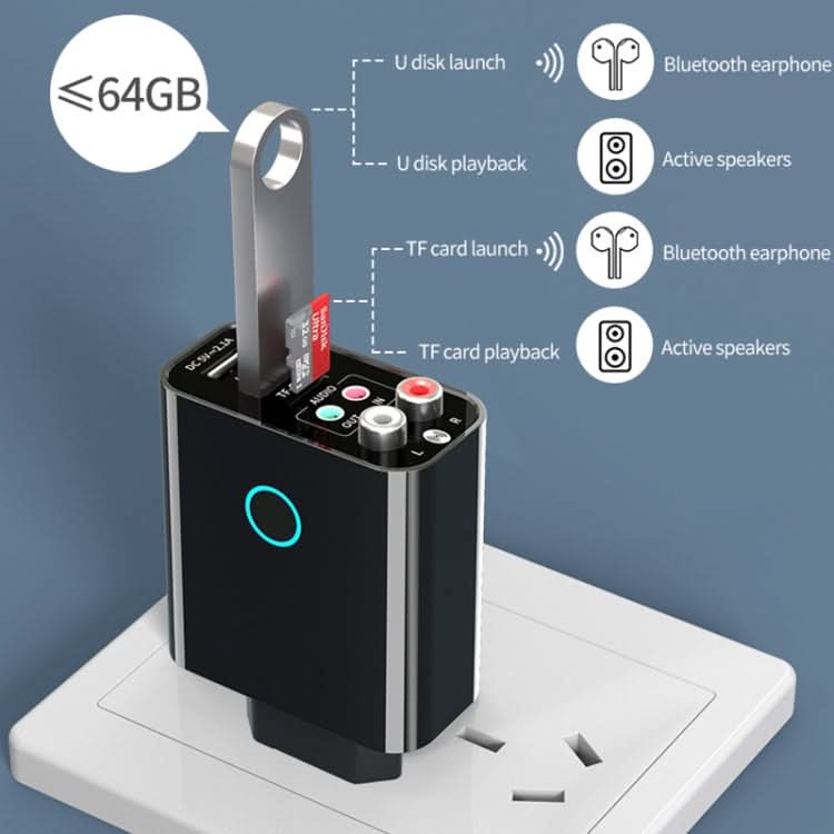 K16 2 in 1 3.5mm AUX + RAC Dual Output Plug-in Bluetooth 5.0 Audio Transmitter Receiver with Remote Control, EU Plug