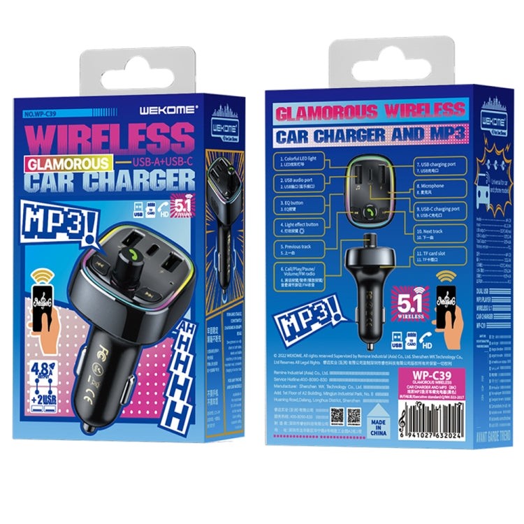 WK WP-C39 USB+USB-C/Type-C MP3 Bluetooth Car Fast Charger ÎҵÄÉ̵ê