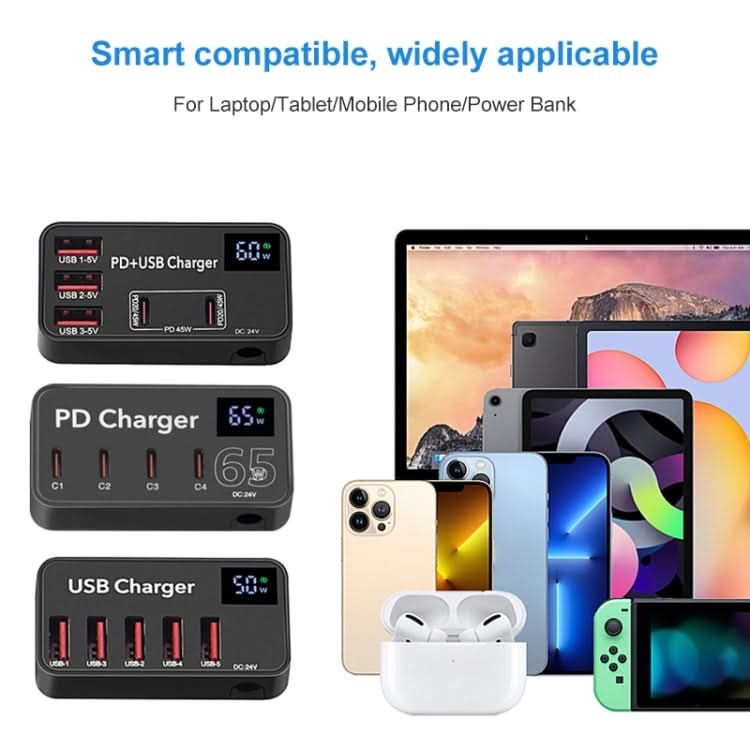 988B 5 in 1 DC 24V Dual USB-C/Type-C+3 USB Ports Multifunctional Digital Display Fast Charger