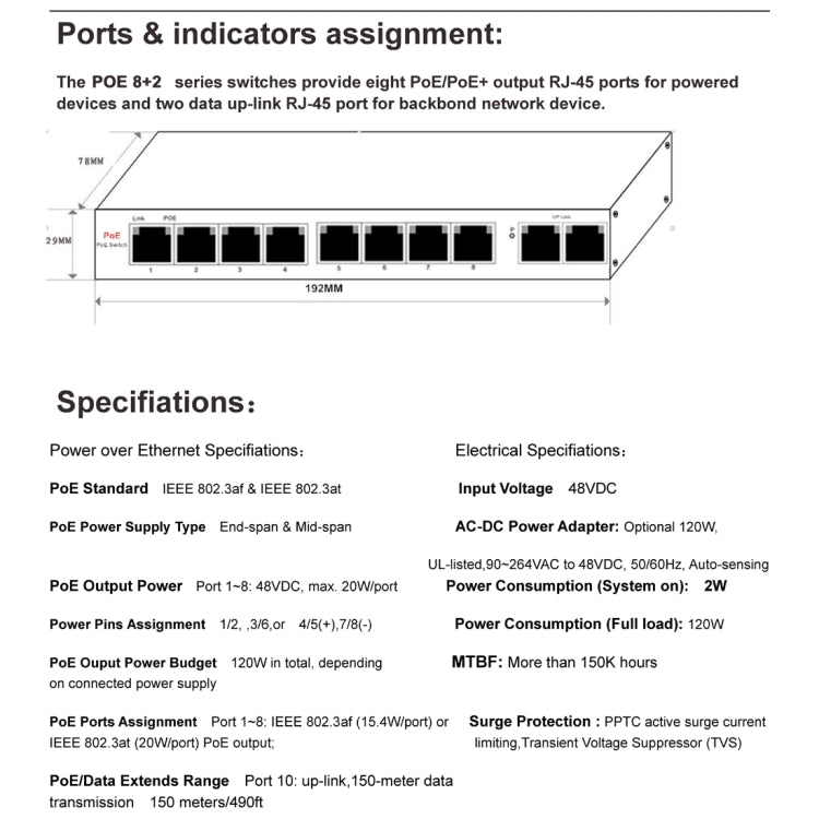 ESCAM POE 8+2 10-Port Fast Ethernet Switch 8-Port POE 10/100M 120W Network Switch, Transmission Distance: 150m My Store