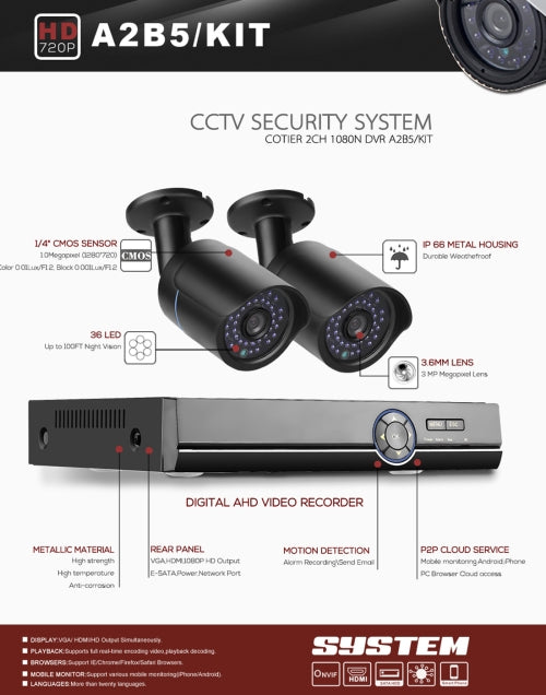 A2B5 720P 1.0 Mega Pixel 2 x Bullet AHD Cameras AHD DVR Kit, Support Night Vision / Motion Detection, IR Distance: 20m