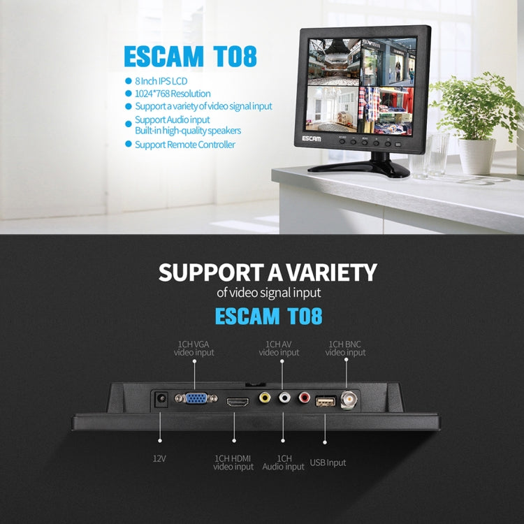 ESCAM T08 8 inch TFT LCD 1024x768 Monitor with VGA & HDMI & AV & BNC & USB for PC CCTV Security