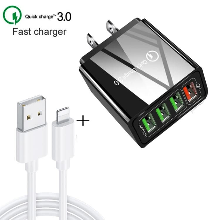 2 in 1 1m USB to 8 Pin Data Cable + 30W QC 3.0 4 USB Interfaces Mobile Phone Tablet PC Universal Quick Charger Travel Charger Set, US Plug