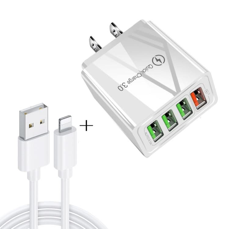 2 in 1 1m USB to 8 Pin Data Cable + 30W QC 3.0 4 USB Interfaces Mobile Phone Tablet PC Universal Quick Charger Travel Charger Set, US Plug