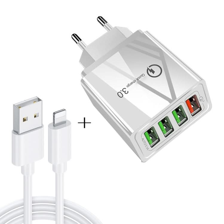 2 in 1 1m USB to 8 Pin Data Cable + 30W QC 3.0 4 USB Interfaces Mobile Phone Tablet PC Universal Quick Charger Travel Charger Set, EU Plug