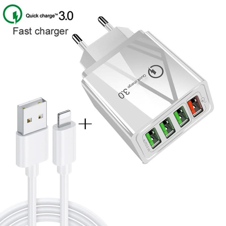 2 in 1 1m USB to 8 Pin Data Cable + 30W QC 3.0 4 USB Interfaces Mobile Phone Tablet PC Universal Quick Charger Travel Charger Set, EU Plug