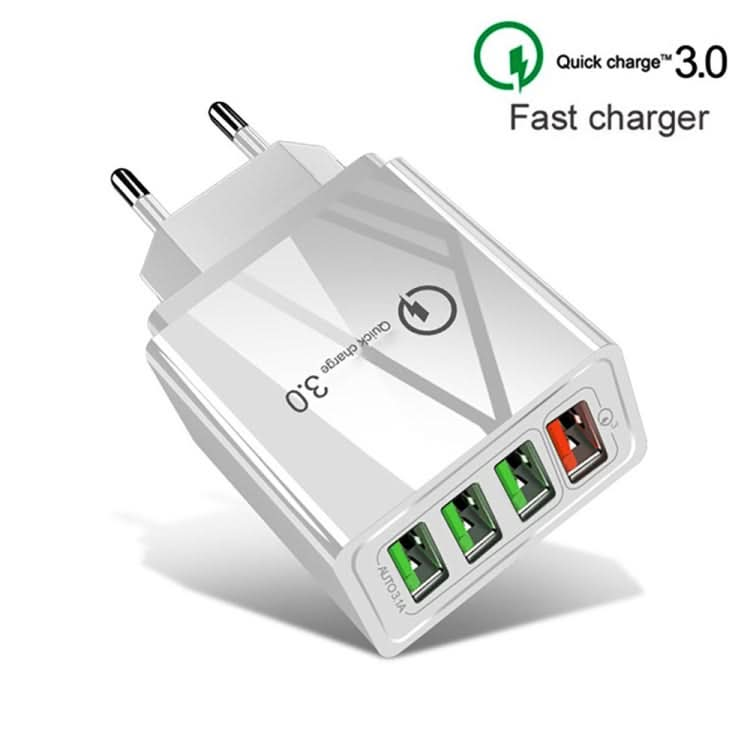 2 in 1 1m USB to 8 Pin Data Cable + 30W QC 3.0 4 USB Interfaces Mobile Phone Tablet PC Universal Quick Charger Travel Charger Set, EU Plug