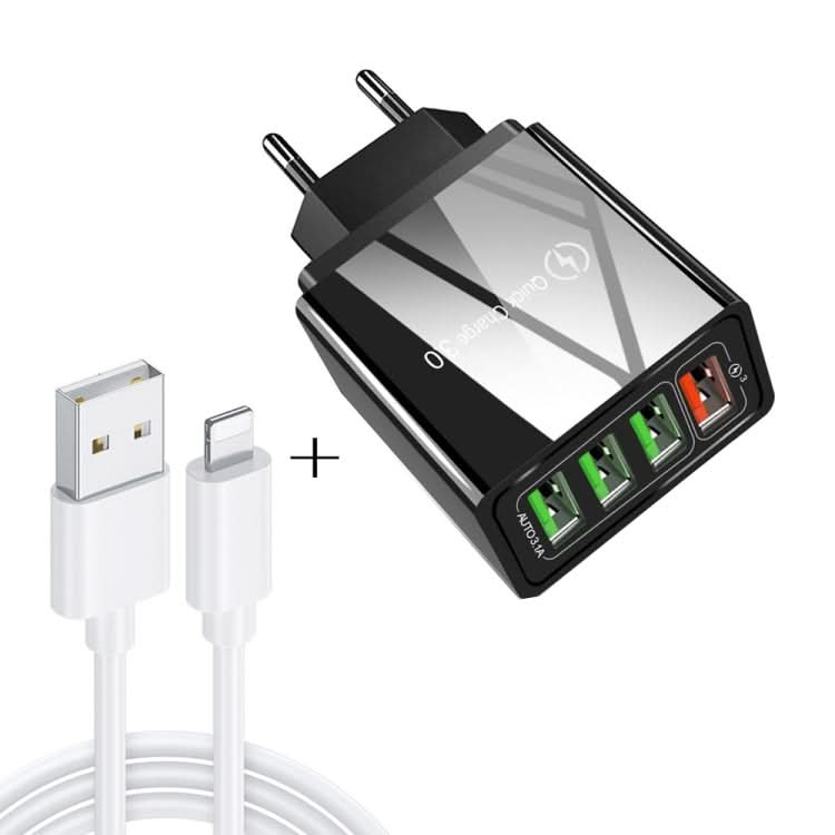 2 in 1 1m USB to 8 Pin Data Cable + 30W QC 3.0 4 USB Interfaces Mobile Phone Tablet PC Universal Quick Charger Travel Charger Set, EU Plug