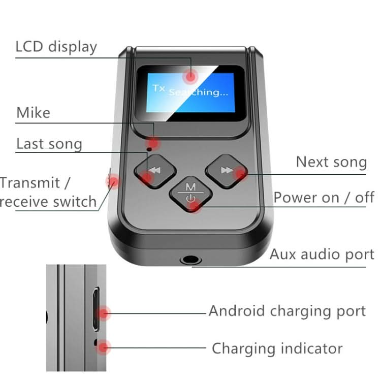 T15 2 in 1 Bluetooth 5.0 Music Receiver Transmitter with Screen