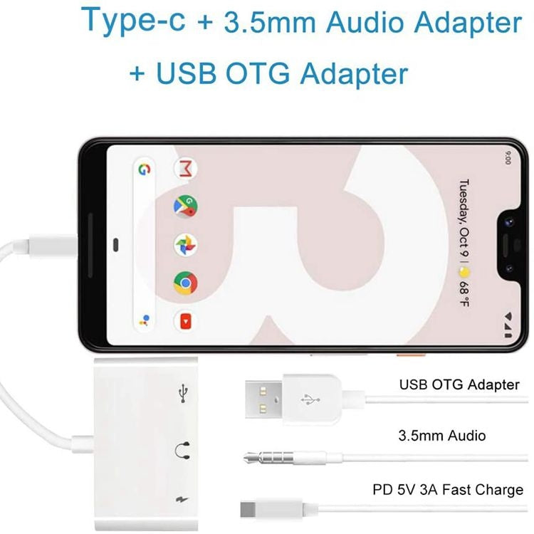 3 in 1 USB-C OTG Adapter with 3.5mm Headphone Jack, Compatible for iPad Pro and Type-C Jack Phone-Reluova