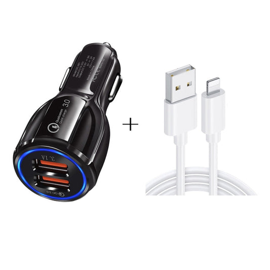 Qc3.0 Dual USB Car Charger + 8 Pin Fast Charging Line Car Charging Kit