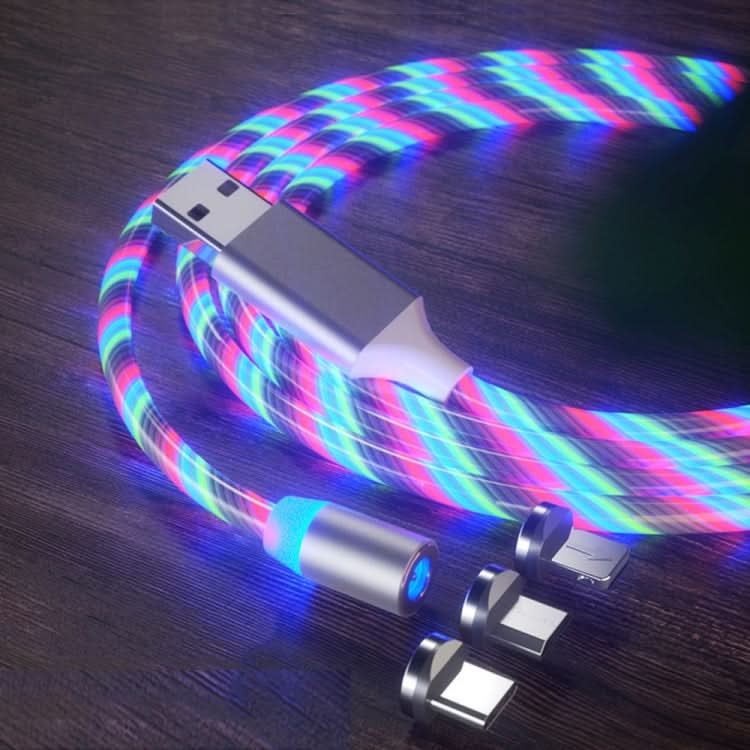 3 in 1 USB to 8 Pin + Type-C / USB-C + Micro USB Magnetic Absorption Colorful Streamer Charging Cable, Length: 1m