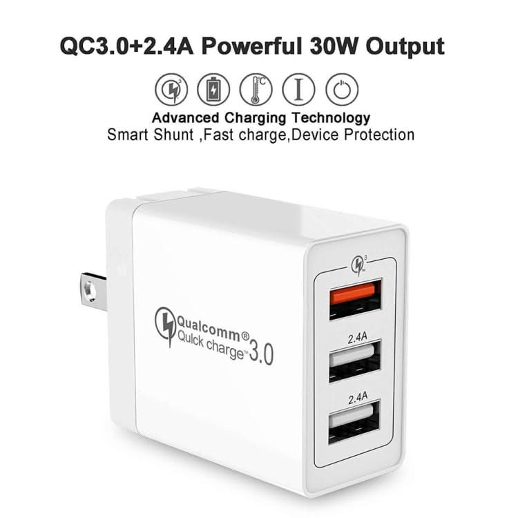 SDC-30W 2 in 1 USB to 8 Pin Data Cable + 30W QC 3.0 USB + 2.4A Dual USB 2.0 Ports Mobile Phone Tablet PC Universal Quick Charger Travel Charger Set,  US Plug