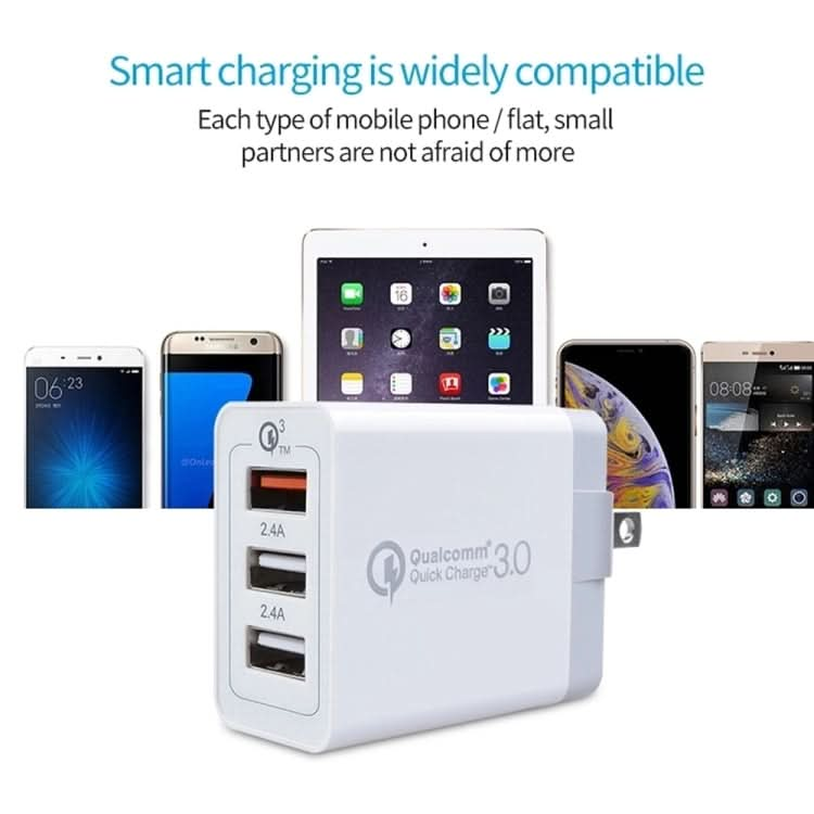 SDC-30W 2 in 1 USB to 8 Pin Data Cable + 30W QC 3.0 USB + 2.4A Dual USB 2.0 Ports Mobile Phone Tablet PC Universal Quick Charger Travel Charger Set,  US Plug