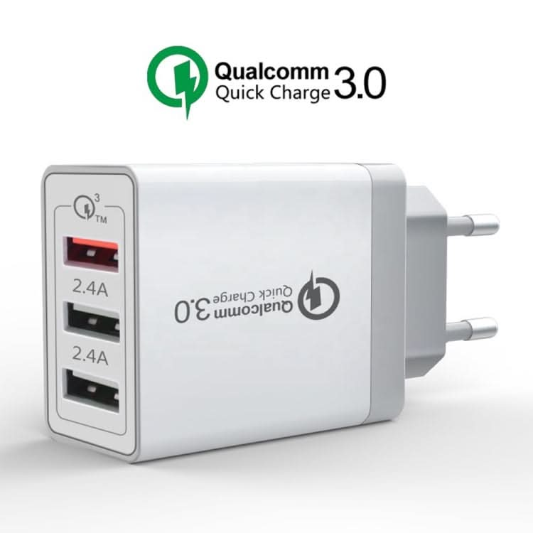 SDC-30W 2 in 1 USB to 8 Pin Data Cable + 30W QC 3.0 USB + 2.4A Dual USB 2.0 Ports Mobile Phone Tablet PC Universal Quick Charger Travel Charger Set, EU Plug