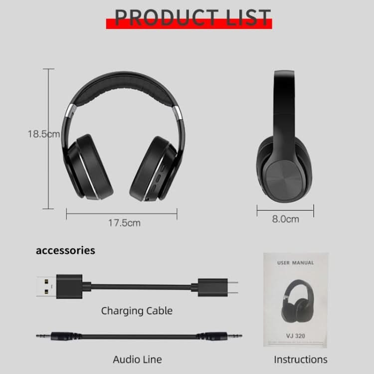 VJ320 Bluetooth 5.0 Head-mounted Foldable Wireless Headphones Support TF Card with Mic