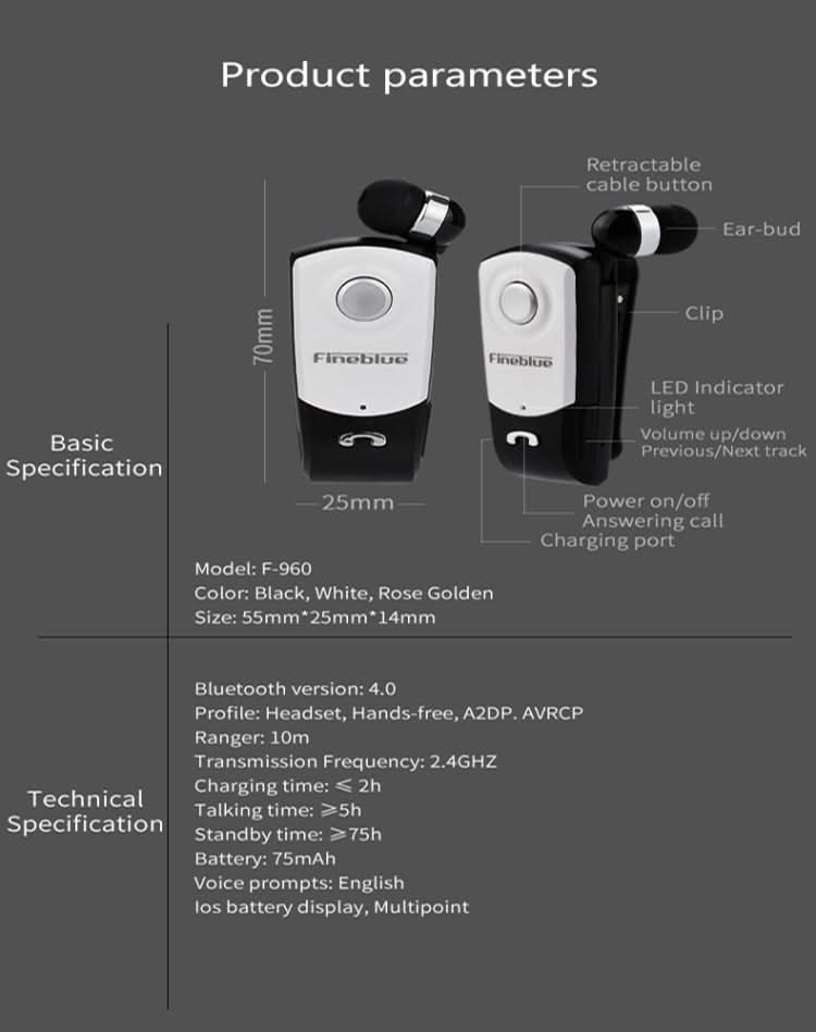 F960 CSR4.1 Retractable Cable Caller Vibration Reminder Anti-theft Bluetooth Headset