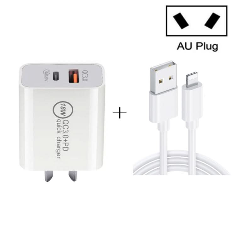 SDC-18W 18W PD 3.0 Type-C / USB-C + QC 3.0 USB Dual Fast Charging Universal Travel Charger with Micro USB to 8 Pin Fast Charging Data Cable, AU Plug