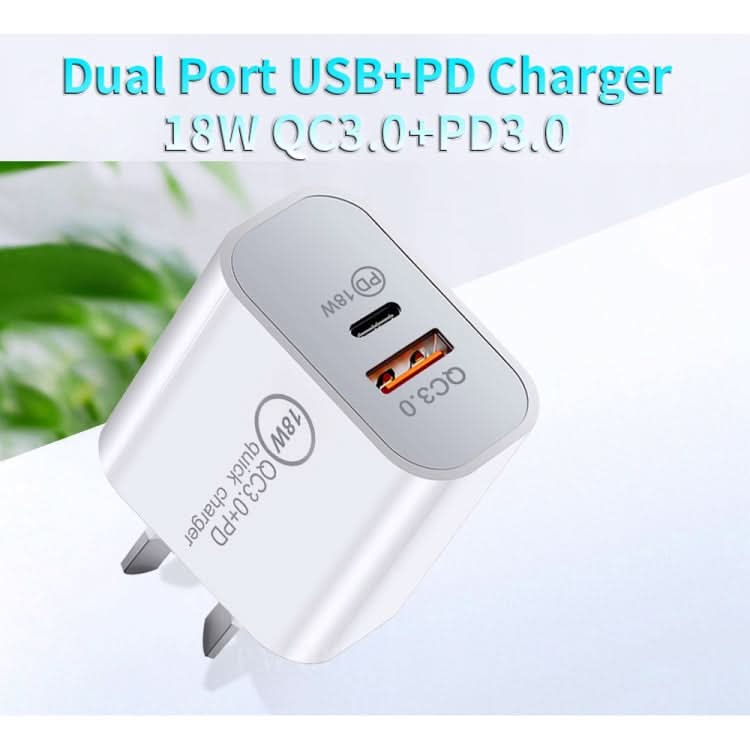 SDC-18W 18W PD 3.0 Type-C / USB-C + QC 3.0 USB Dual Fast Charging Universal Travel Charger with Micro USB to 8 Pin Fast Charging Data Cable, AU Plug