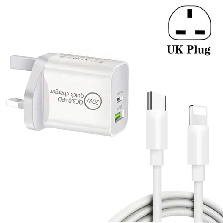 SDC-20WA+C 20W PD + QC 3.0 USB Dual Fast Charging Universal Travel Charger with Type-C / USB-C to 8 Pin Fast Charging Data Cable, UK Plug