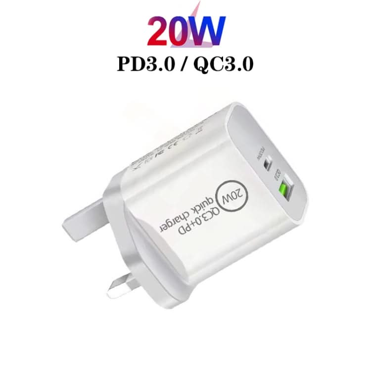 SDC-20WA+C 20W PD + QC 3.0 USB Dual Fast Charging Universal Travel Charger with Type-C / USB-C to 8 Pin Fast Charging Data Cable, UK Plug