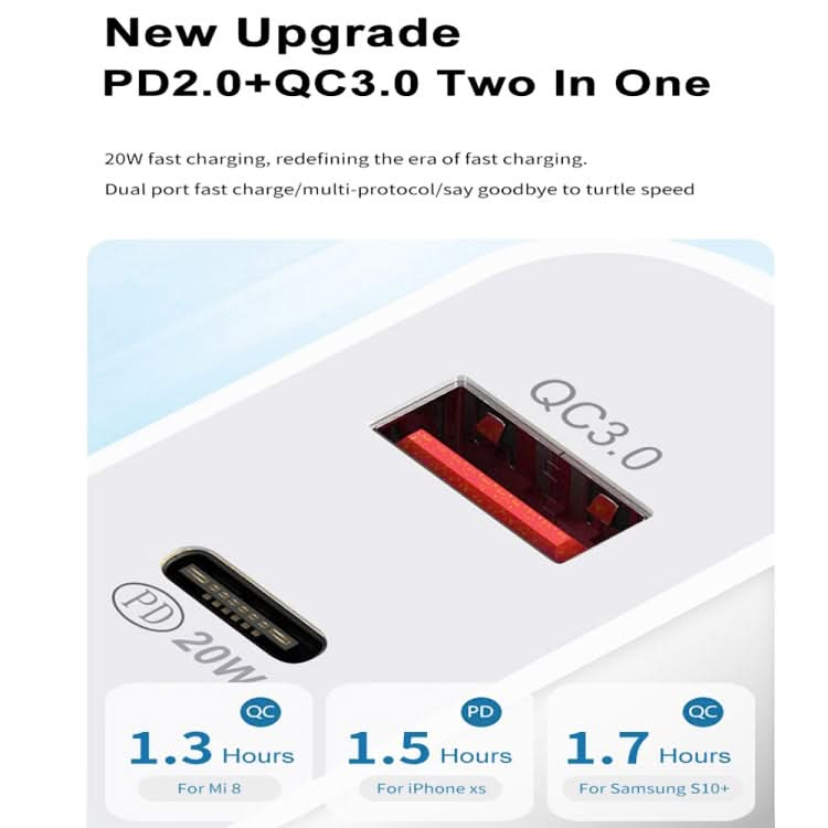 SDC-20WA+C 20W PD + QC 3.0 USB Dual Fast Charging Universal Travel Charger with Type-C / USB-C to 8 Pin Fast Charging Data Cable, UK Plug