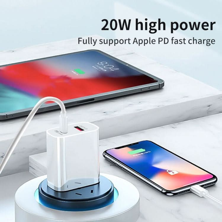 SDC-20WA+C 20W PD + QC 3.0 USB Dual Fast Charging Universal Travel Charger with Type-C / USB-C to 8 Pin Fast Charging Data Cable, UK Plug