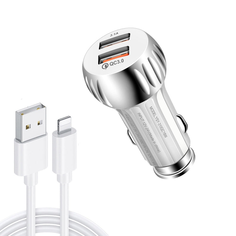 YSY-310QC18W QC3.0 Dual Port USB Car Charger + 3A USB to 8 Pin Data Cable, Cable Length: 1m