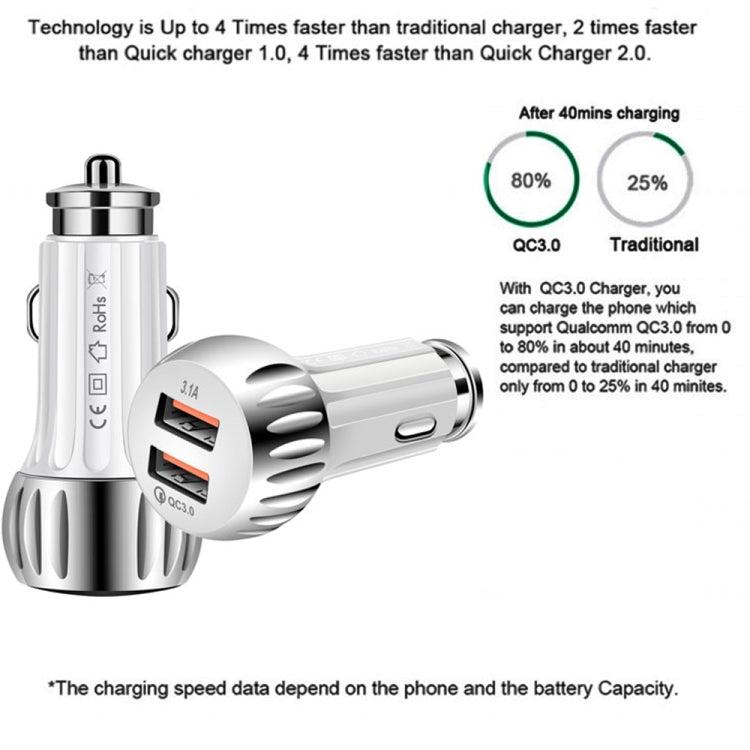 YSY-310QC18W QC3.0 Dual Port USB Car Charger + 3A USB to 8 Pin Data Cable, Cable Length: 1m