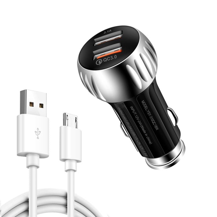 YSY-310QC18W QC3.0 Dual Port USB Car Charger + 3A USB to Micro USB Data Cable, Cable Length: 1m