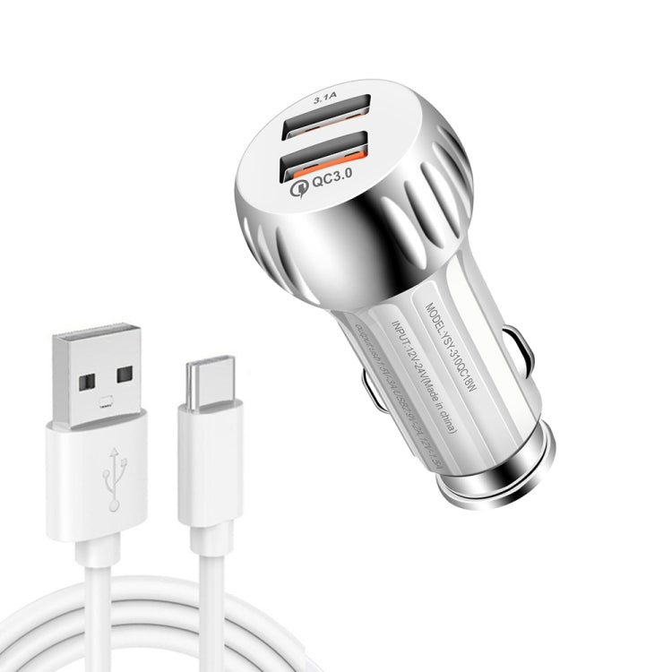 YSY-310QC18W QC3.0 Dual Port USB Car Charger + 3A USB to USB-C / Type-C Data Cable, Cable Length: 1m