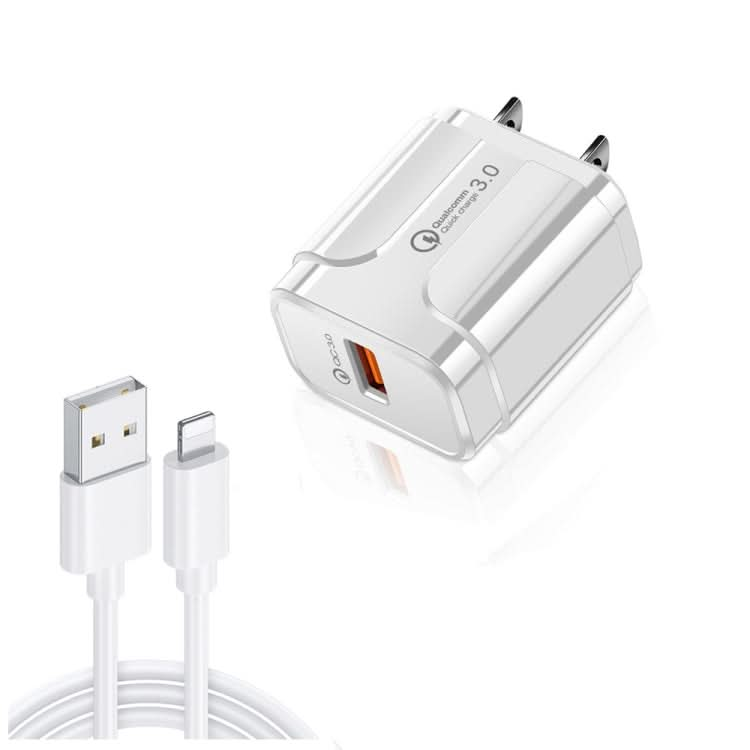 LZ-023 18W QC 3.0 USB Portable Travel Charger + 3A USB to 8 Pin Data Cable, US Plug