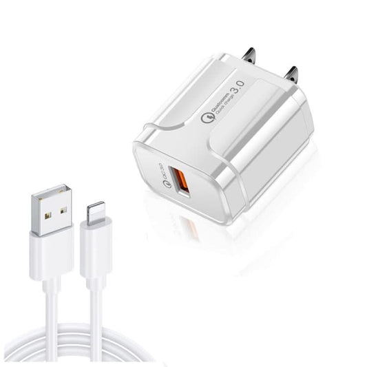 LZ-023 18W QC 3.0 USB Portable Travel Charger + 3A USB to 8 Pin Data Cable, US Plug