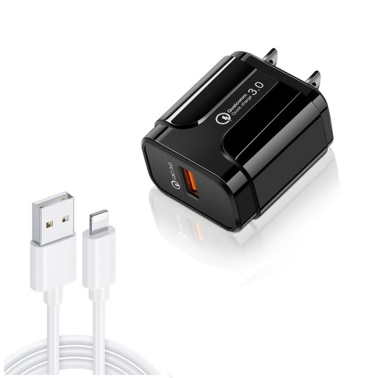 LZ-023 18W QC 3.0 USB Portable Travel Charger + 3A USB to 8 Pin Data Cable, US Plug