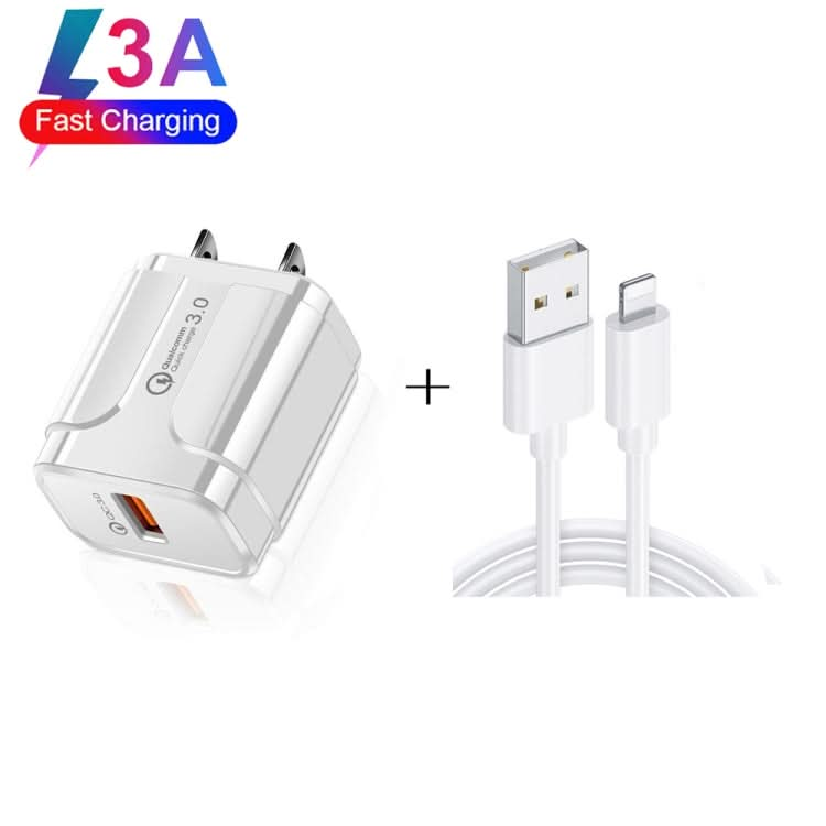 LZ-023 18W QC 3.0 USB Portable Travel Charger + 3A USB to 8 Pin Data Cable, US Plug