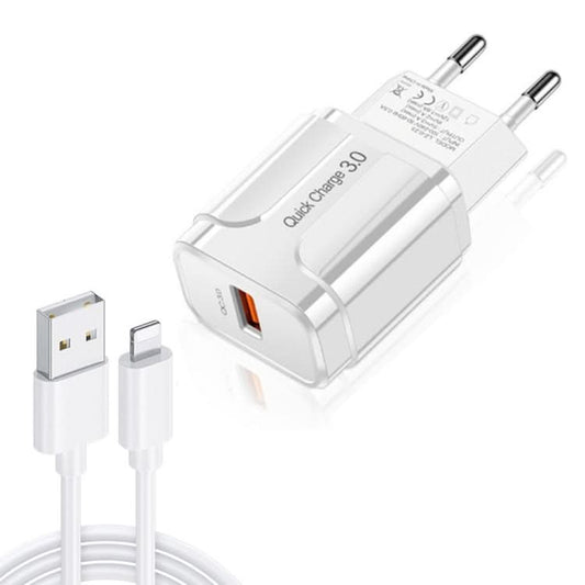 LZ-023 18W QC 3.0 USB Portable Travel Charger + 3A USB to 8 Pin Data Cable, EU Plug