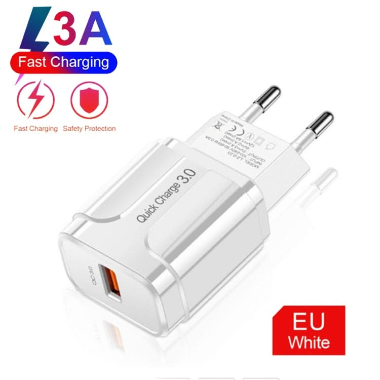 LZ-023 18W QC 3.0 USB Portable Travel Charger + 3A USB to 8 Pin Data Cable, EU Plug