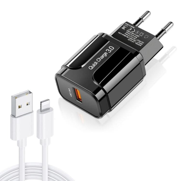 LZ-023 18W QC 3.0 USB Portable Travel Charger + 3A USB to 8 Pin Data Cable, EU Plug