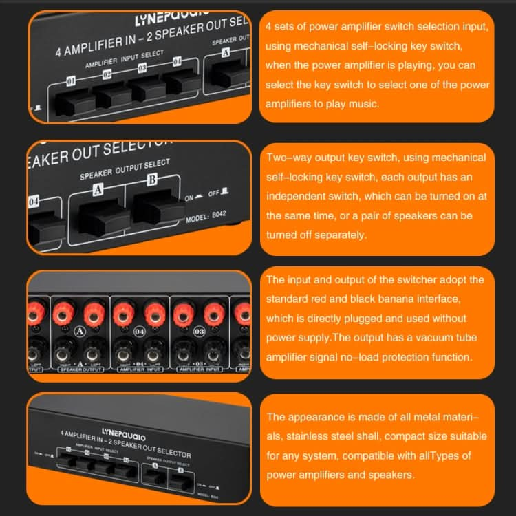 B042 4-in 2-out Power Amplifier Sound Switcher Loudspeaker Switch Distributor, 300W Per Channel Lossless Sound Quality My Store