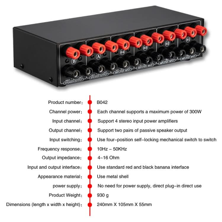 B042 4-in 2-out Power Amplifier Sound Switcher Loudspeaker Switch Distributor, 300W Per Channel Lossless Sound Quality My Store