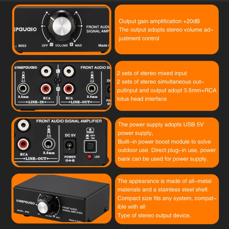 B053 Front Stereo Sound Amplifier Headphone Speaker Amplifier Booster with Volume Adjustment, 2-Way Mixer, USB 5V Power Supply, US Plug