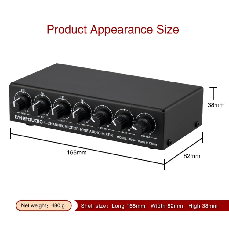 B054 4-Channel Microphone Mixer Support Stereo Output With Reverb Treble And Bass Adjustment, USB 5V Power Supply, US Plug