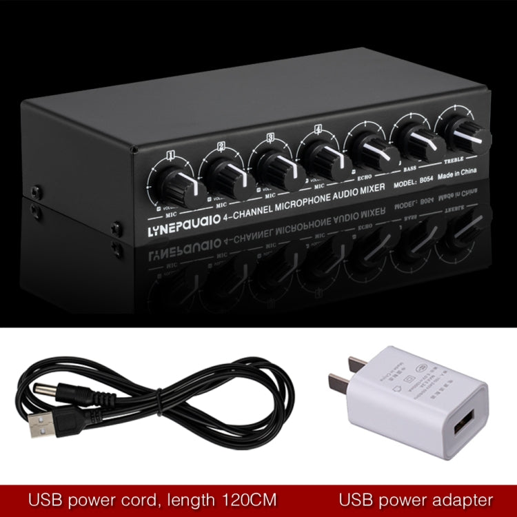 B054 4-Channel Microphone Mixer Support Stereo Output With Reverb Treble And Bass Adjustment, USB 5V Power Supply, US Plug