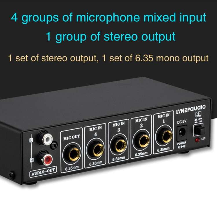 B054 4-Channel Microphone Mixer Support Stereo Output With Reverb Treble And Bass Adjustment, USB 5V Power Supply, US Plug